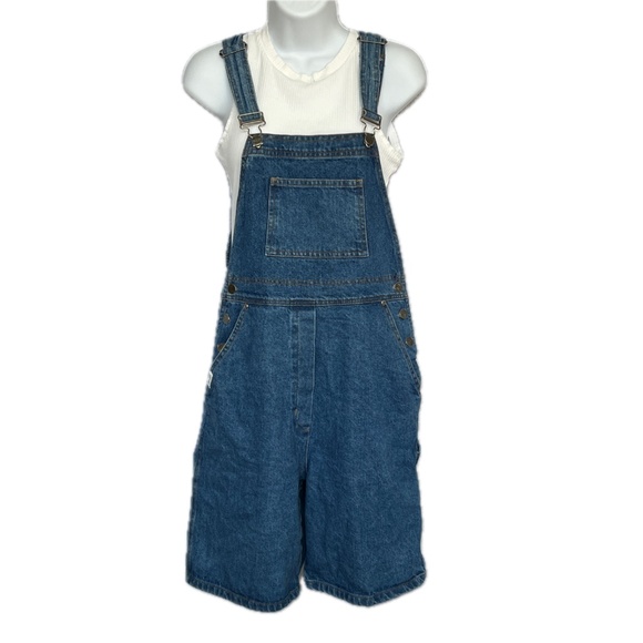 Arizona Jeans Co Shortalls Blue Jean Bibs Overalls Shorts Med Wash Sz 16 Vintage - Picture 1 of 8